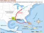 Mapa mostrando o percurso de destruio deixado pelo Furaco Katrina, em Agosto de 2005, no litoral dos EUA. O furaco foi classificado como 4 segundo a escala <em>Saffir-Simpson</em>. </br></br> Palavras-chave: Furaco. Furaco Katrina. Escala Saffir-Simpson. Litoral. 