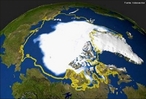 O rtico  a regio no Polo Norte que se encontra dentro do Crculo Polar rtico (paralelo que limita o Plo Norte do planeta) e abrange algumas localidades ao redor onde a temperatura no vero  inferior a 10C. Fazem parte da regio rtica territrios da Rssia, Escandinvia, Alasca, Canad, Groenlndia e o Oceano rtico. A imagem mostra a evoluo do degelo, em amarelo o que era o rtico em 1979, e em branco o rtico em 2005. </br></br> Palavras-chave: rtico. Degelo. Aquecimento Global. Regio. Polo Norte. Crculo Polar rtico.