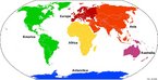 Distribuio dos continentes Amrica, sia, frica, Antrtida, Europa e Oceania pelo glogo terrestre. </br></br> Palavras-chave: Colonizao. Mapa. Continentes. Imigrao. Migraes. Localizao. Orientao. Explorao. Povoamento. Economia. Territrio.