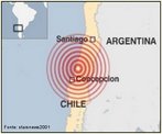 Mapa com a localizao do epicentro do terremoto no Chile, na cidade de Concepcin. Classificado como magnitude 8,8 na escala Richter. </br></br> Palavras-chave: Chile. Terremoto. Placas Tectnicas. Abalos Ssmicos. Escala Richter. Movimento de Placas. 