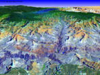 Imagem em 3D do <em>Grand Canyon</em>, no estado do Colorado, localizado nos Estados Unidos. </br></br> Palavras-chave: Grand Canyon. Colorado. Estados Unidos. Geologia. Relevo. Eroso.  